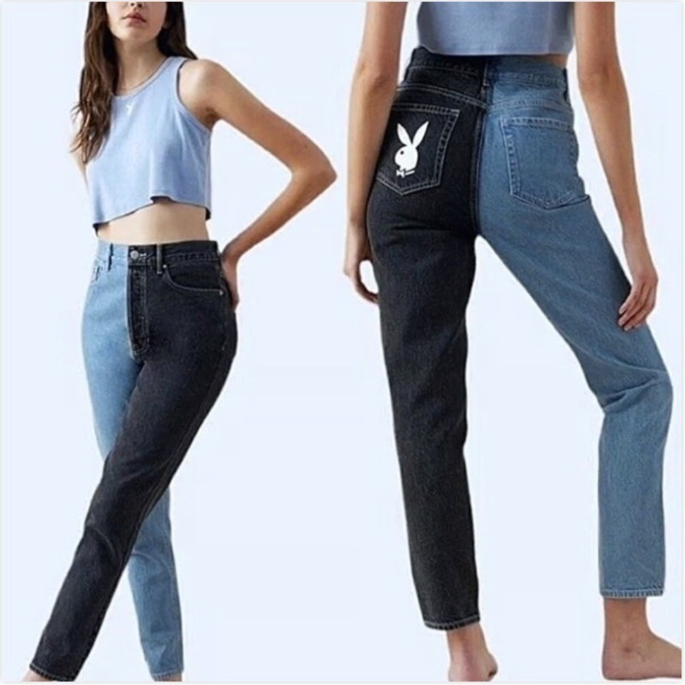 Playboy x PacSun Two Tone Split Color Mom Jeans 23 High Rise Colorblock Denim